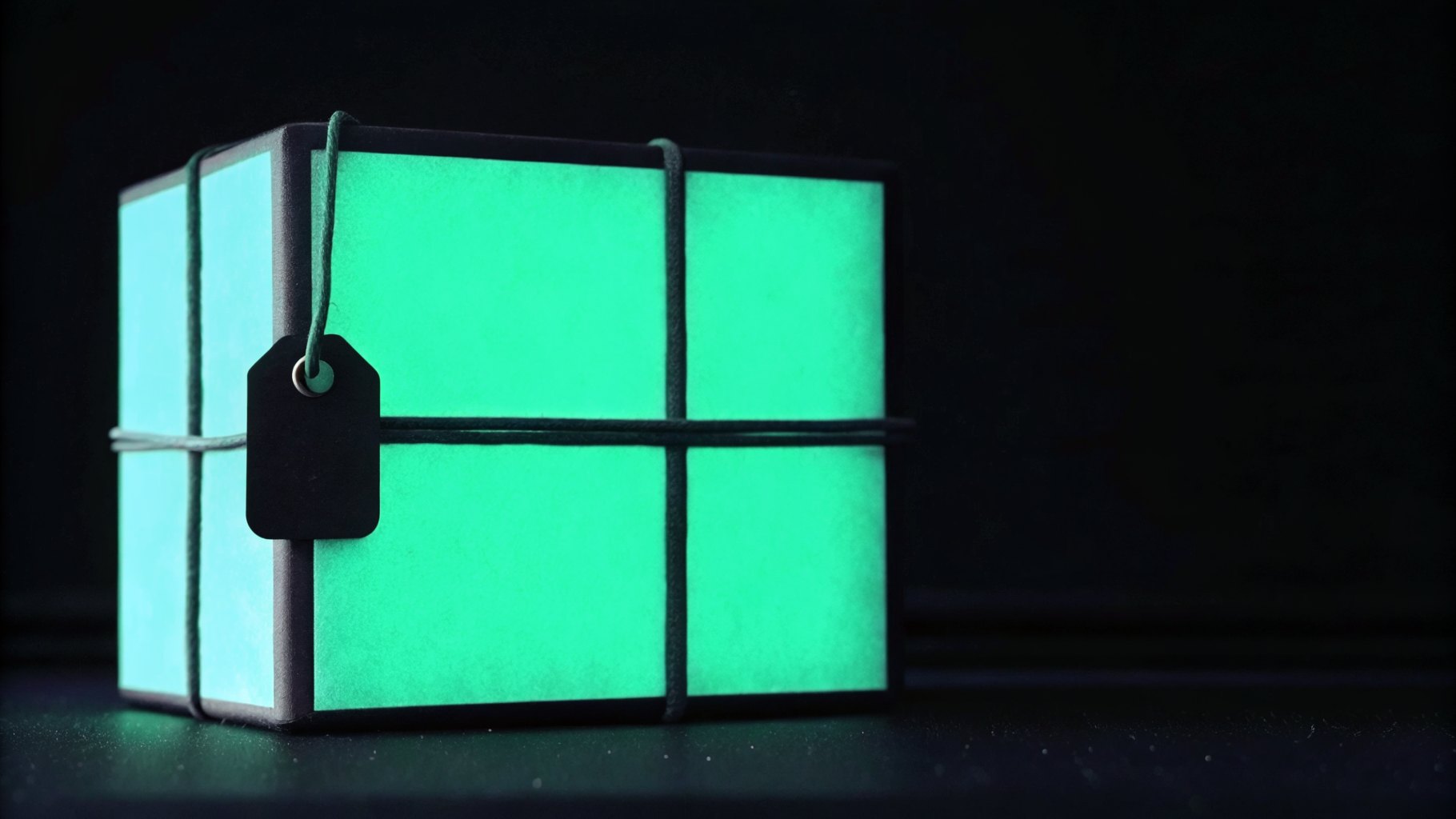 A matte charcoal parcel lifting away, a glowing green wax-sealed tag still attached to it