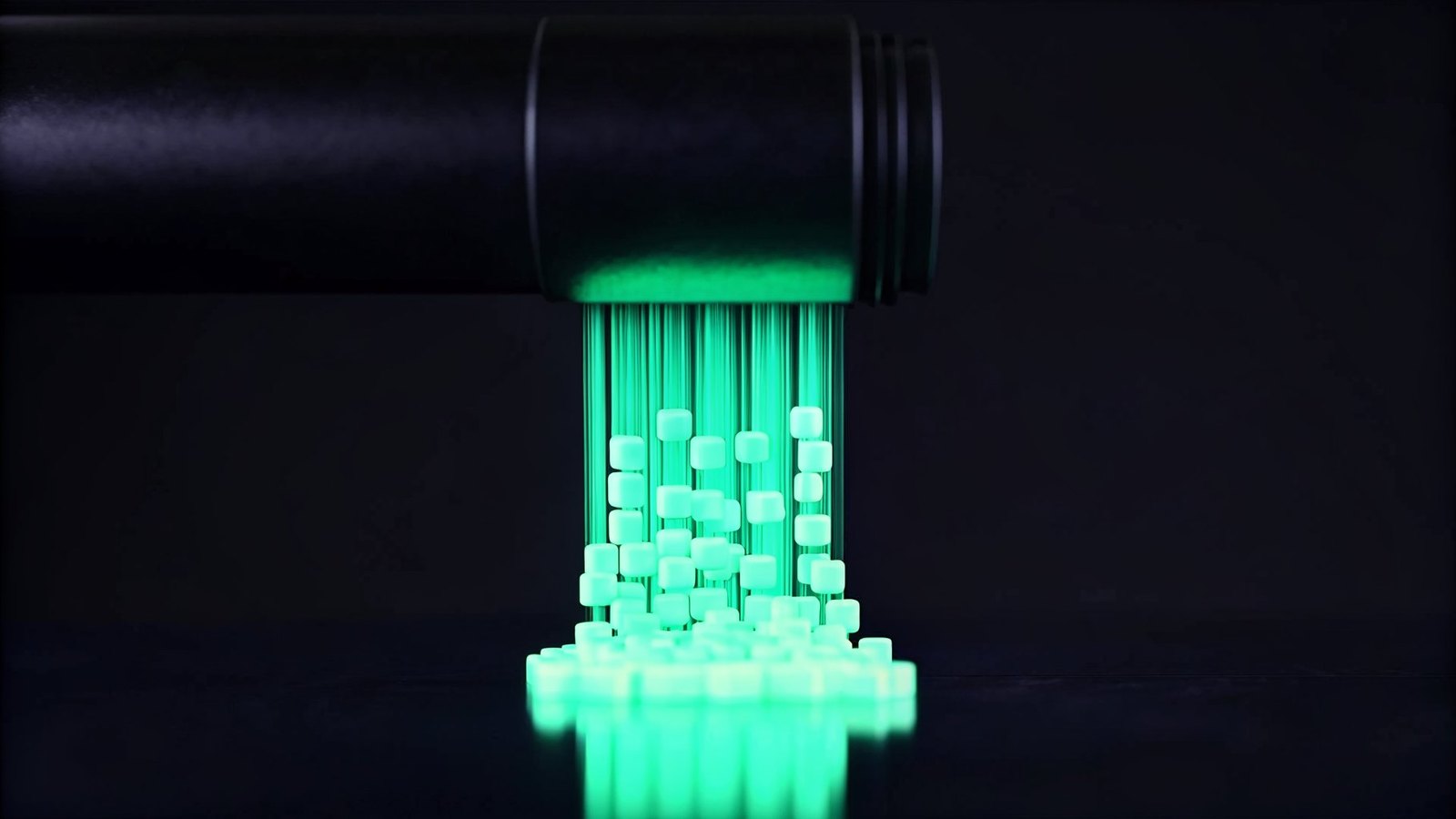 A dark pipeline with glowing green data blocks flowing through it, a few slipping out unnoticed