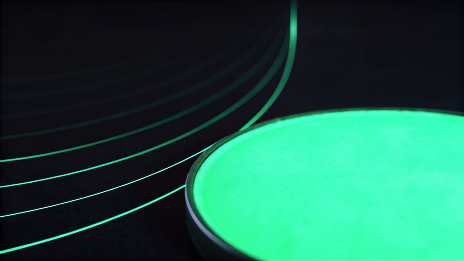 Data streaming along a rail into a glowing emerald-green signed pool